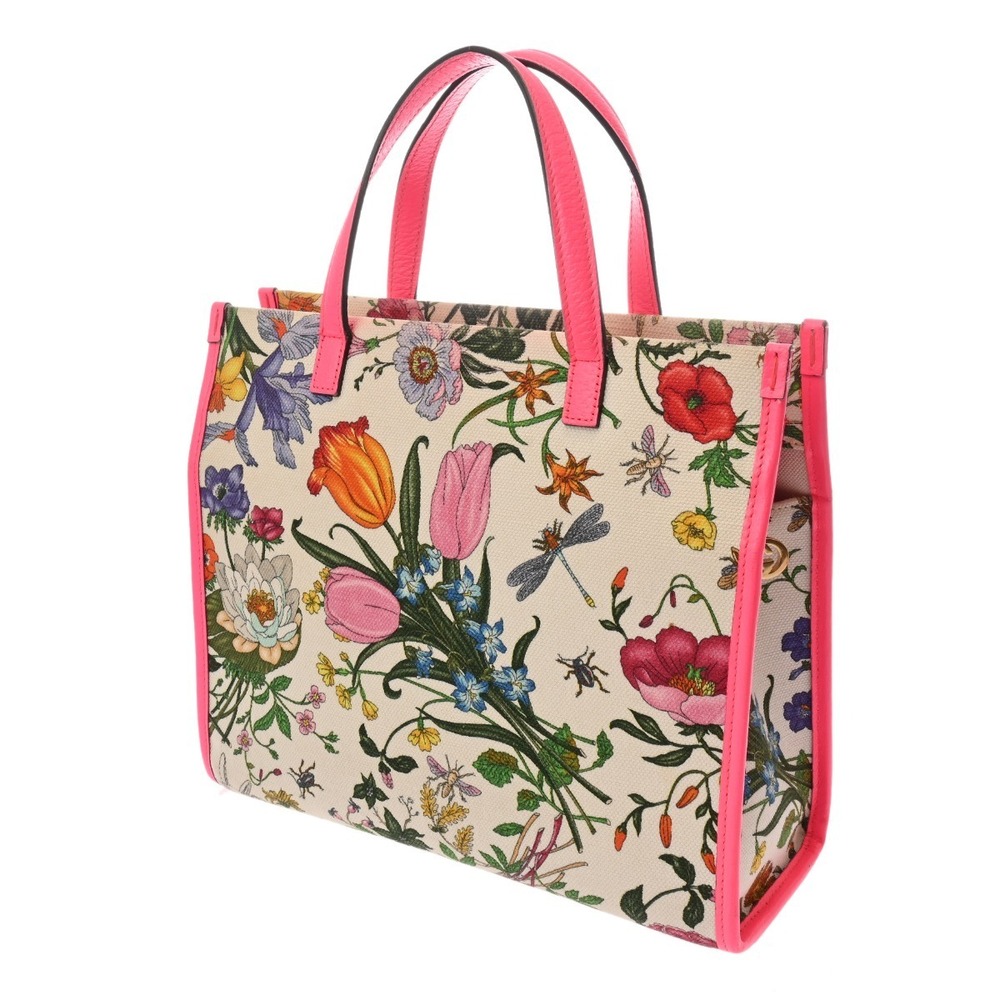Gucci Flower Vivid Handbag Flora Canvas White Pink Leather